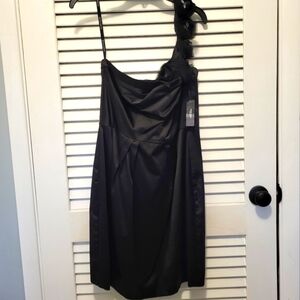 Bisou Bisou Women's One-Shoulder Dress 14 Black Satin Rhinestones NWT